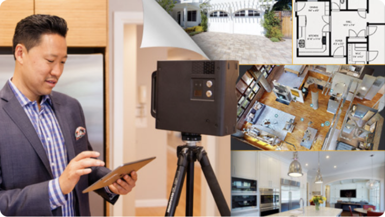 A man using an iPad and a Matterport Pro2 camera to scan a house