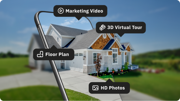 A rendering of a home with tags showing all of the benefits you get with the Digital Pro product.